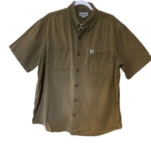 Carhartt Men Button Down Shirt Rugged Flex Relax Cotton Brown Size XL Workwear